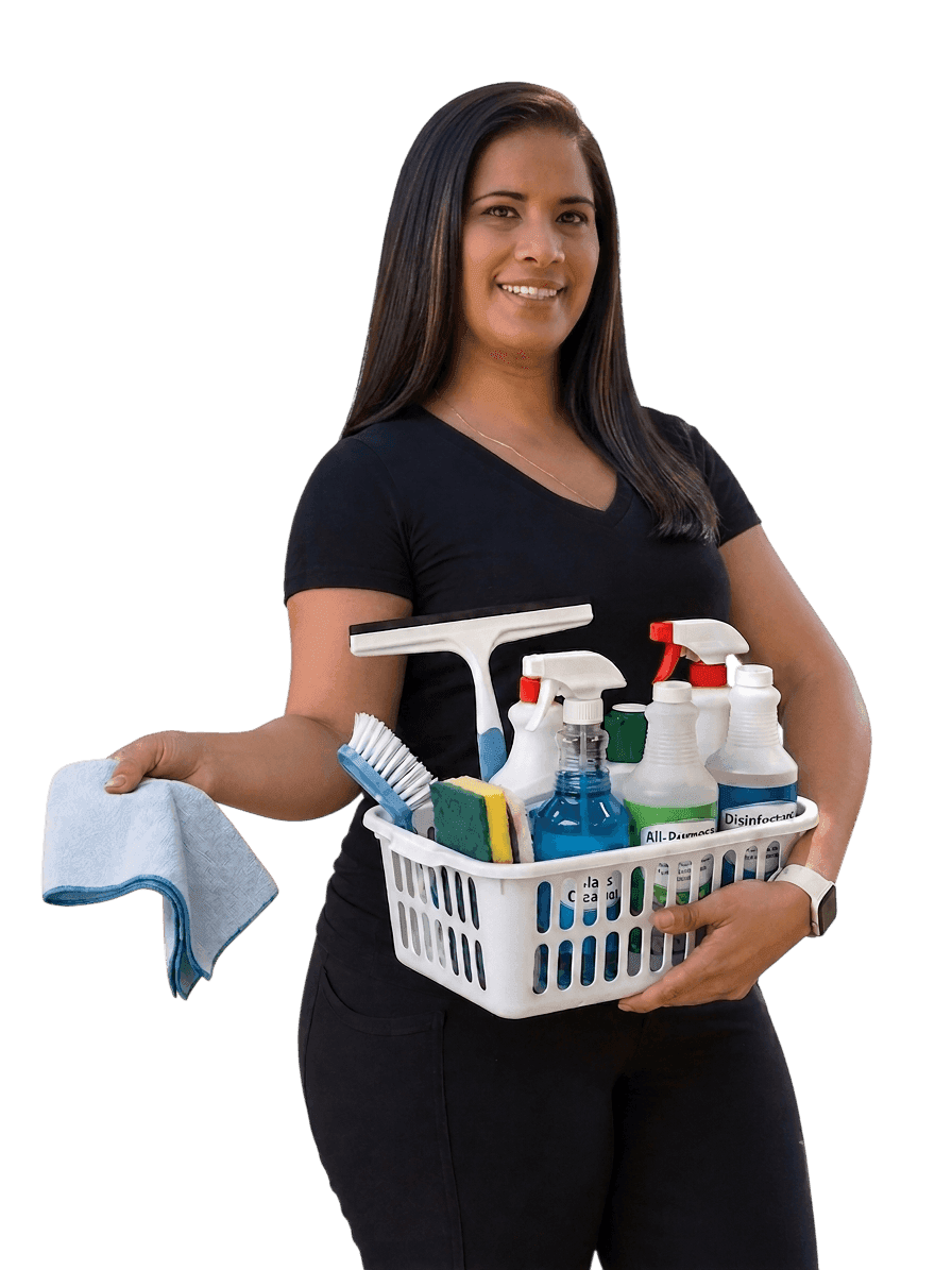 Esmay Cleaning Solution professional holding a basket of cleaning supplies